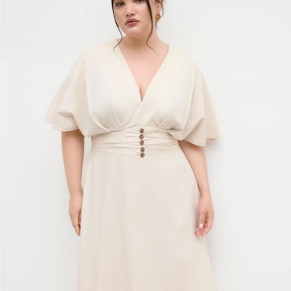 Cider Cream V-Neck Midi Dress with Buttoned Waist